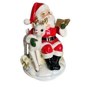 Vintage Wind Up Musical Santa & Reindeer Holiday Figurine